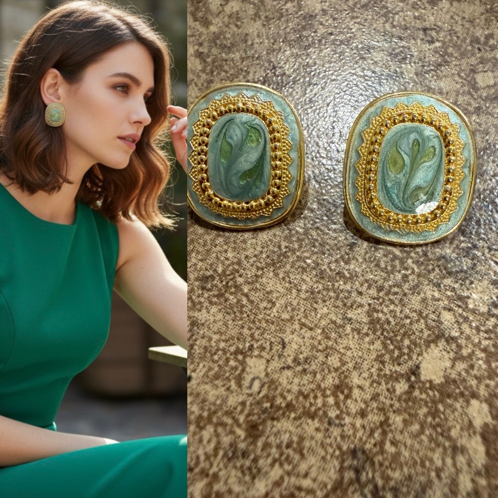 Vintage Berebi Gold Tone Enamel Statement Earrings 80s Signed